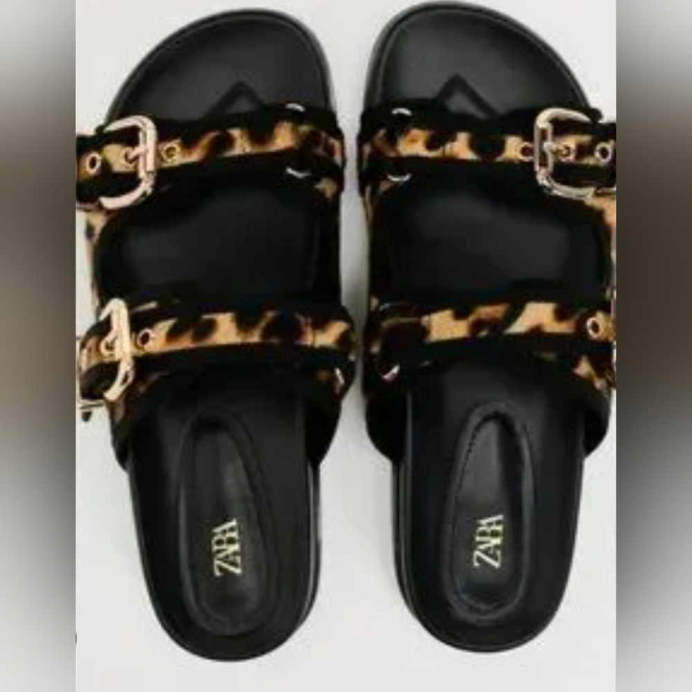 New Zara Black and Leopard Print Women's Sandals Sz 9